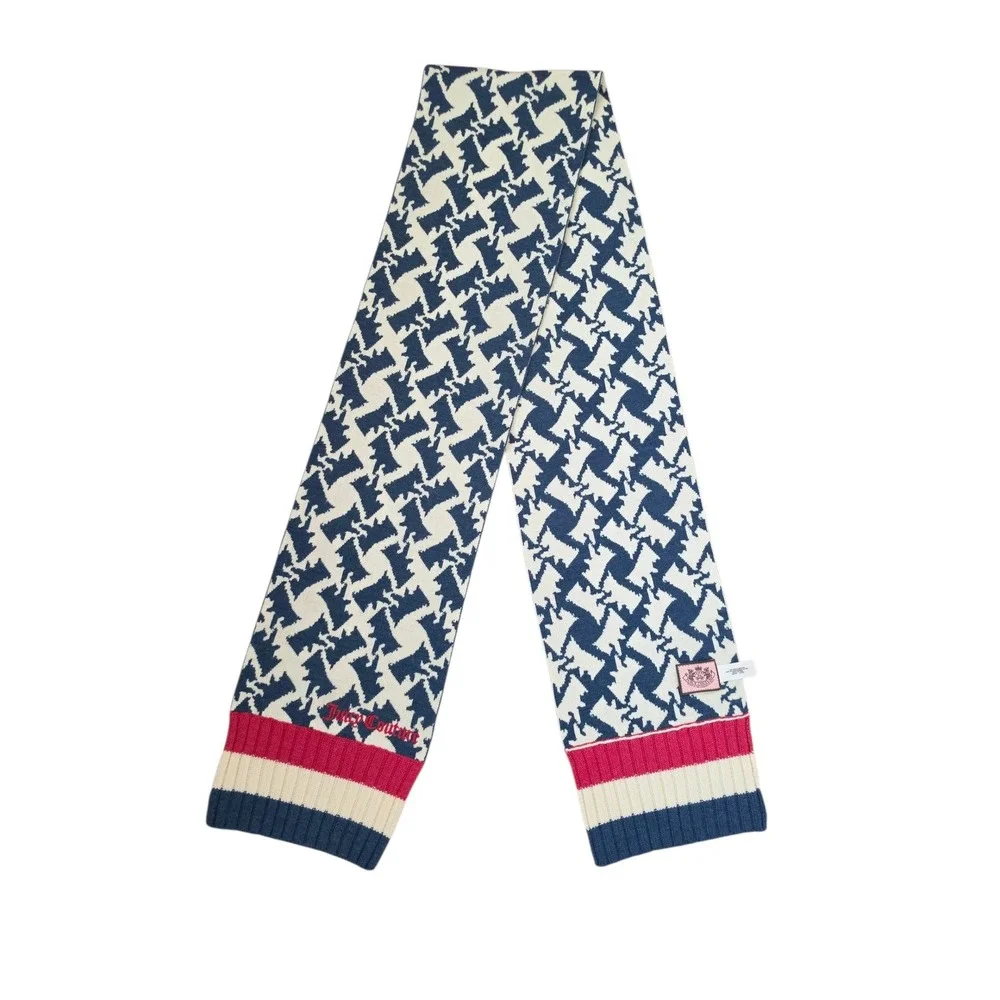 Juicy Couture Y2K Funky Cozy Warm 100% Wool Dog Pattern Cream Red Blue Scarf